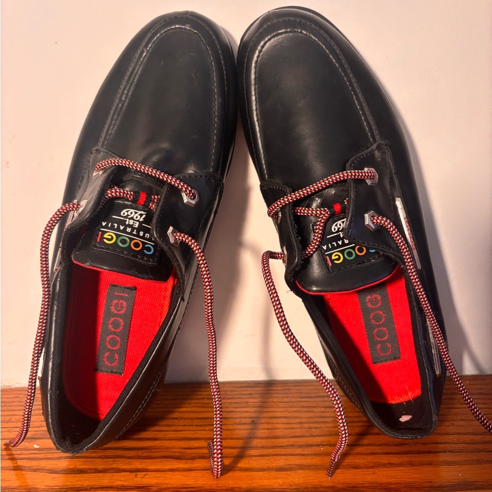 COOGI Black Leather Boat Shoes with Red Accents